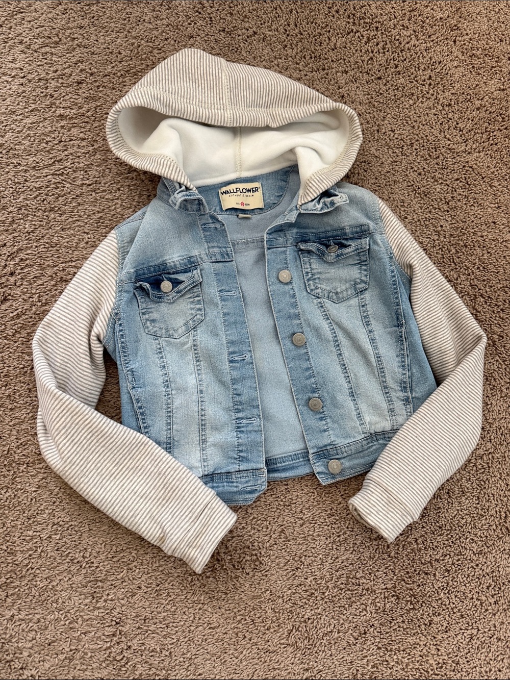 Wallflower Light Blue Denim Jacket with Cream Striped Knit Hood & Sleeves